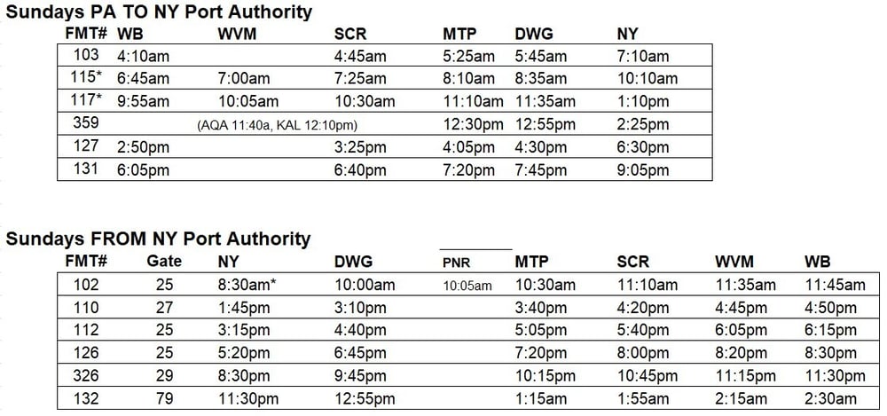 SUNDAYS TO and FROM PA NYC May 26