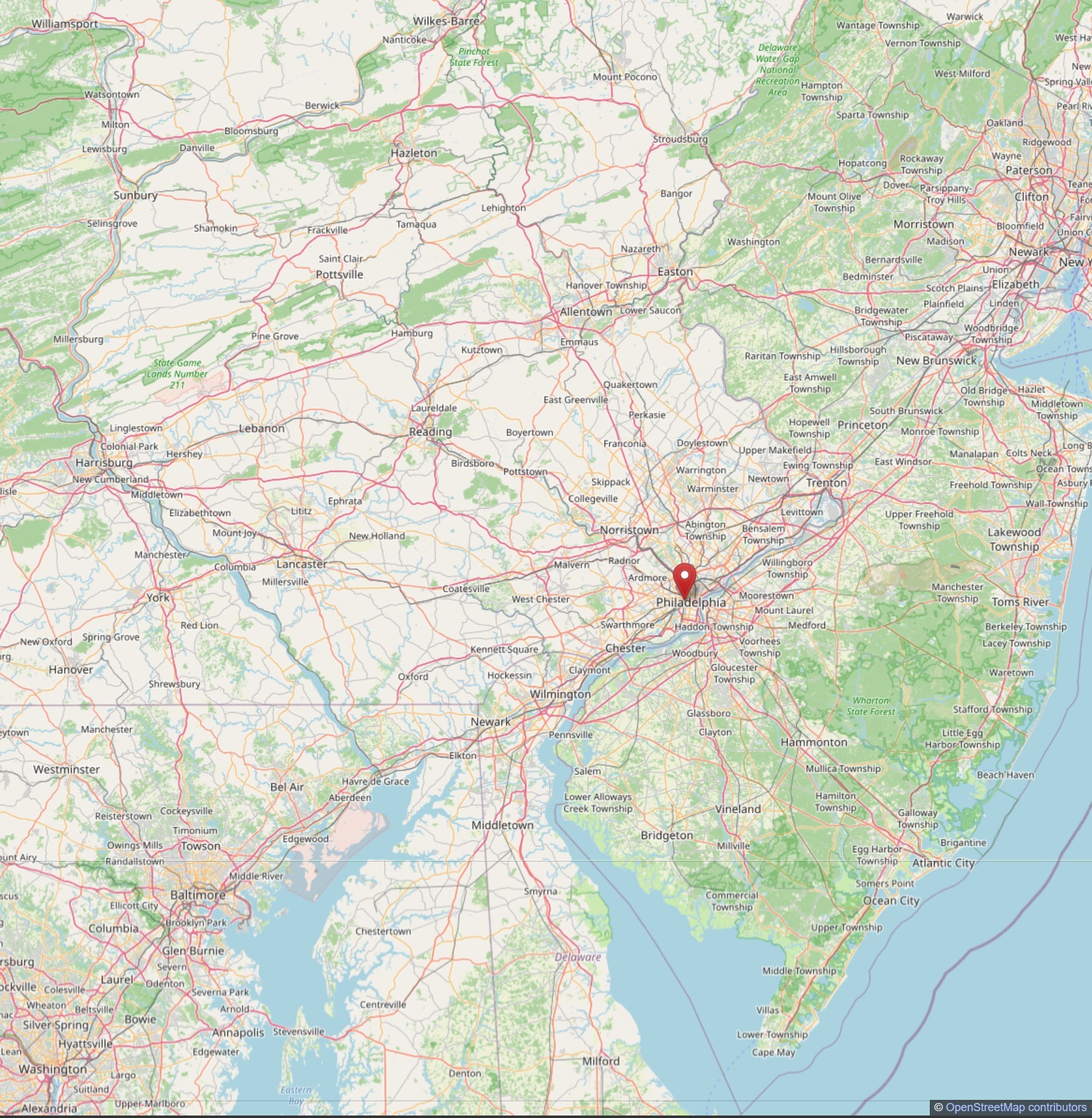 Map of where you can take the Martz Bus to from Philly