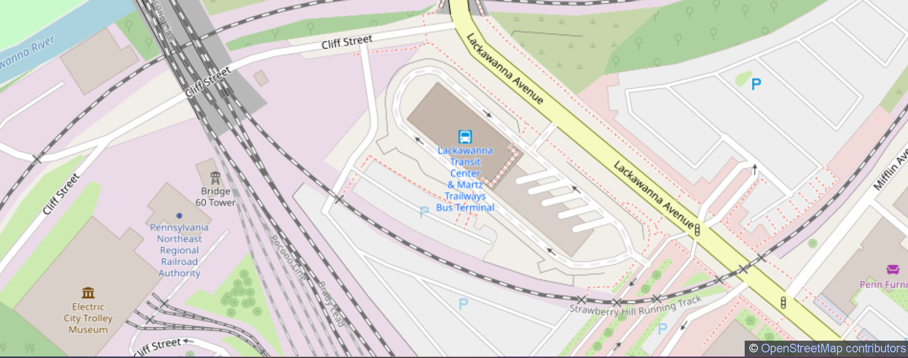 Close up Map Scranton for where to park for bus to NYC and Philly